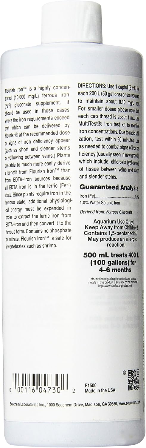 Seachem Flourish Iron 500ml back label usage instructions