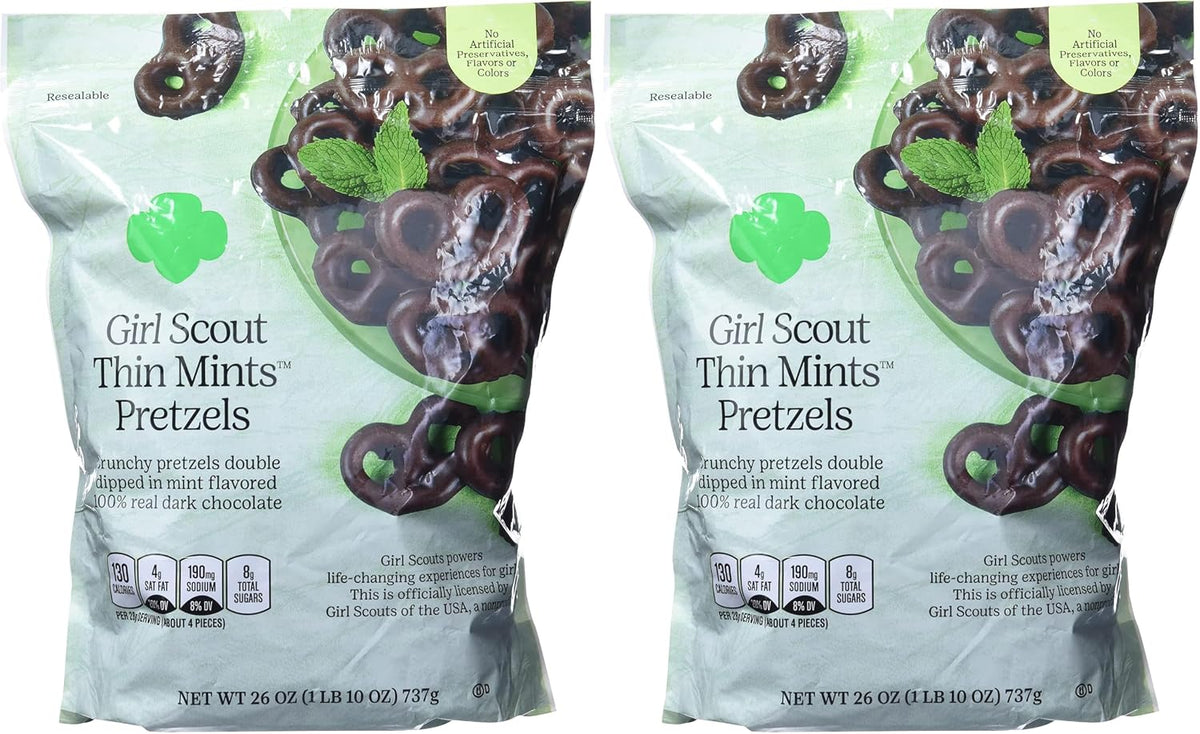 Top down view of Girl Scout Thin Mints Pretzels in a serving bowl