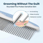 Close up view of rounded steel pins on professional doodle brush for safe grooming