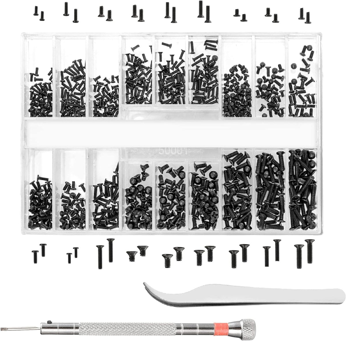 Jalan micro repair screw kit front view showing 630 pieces organized in a clear compartment box.