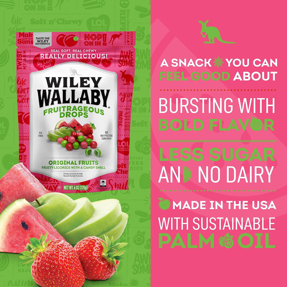 Close up view of the fat free Wiley Wallaby sweet and sour candy drops