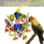 Vibrant multi-colored natural wood bird chew toy with durable stainless steel hanging chain.
