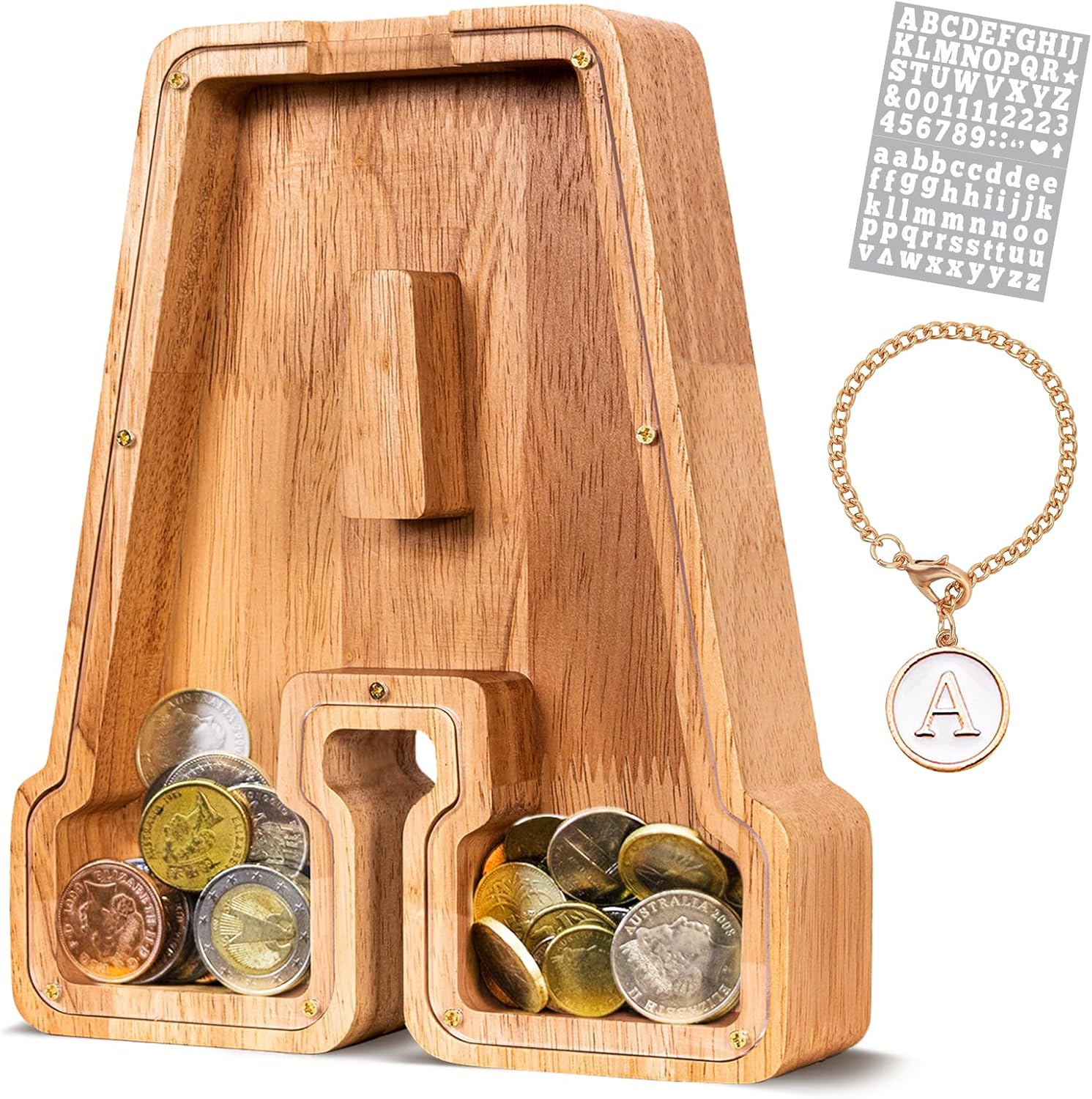 KMC wooden letter piggy bank front view showing the letter A alphabet money saving box for kids.