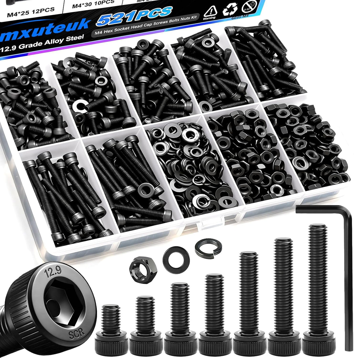 mxuteuk M2 Screws Assortment,M2 x 4/6/8/10/12/16/20mm Hex Socket Head Cap Screws Bolts Nuts Kit, 520PCS 12.9 Grade Alloy Steel Assorted Screws Small Metric Screws Suitable for 3D Printer DIY - Image 13