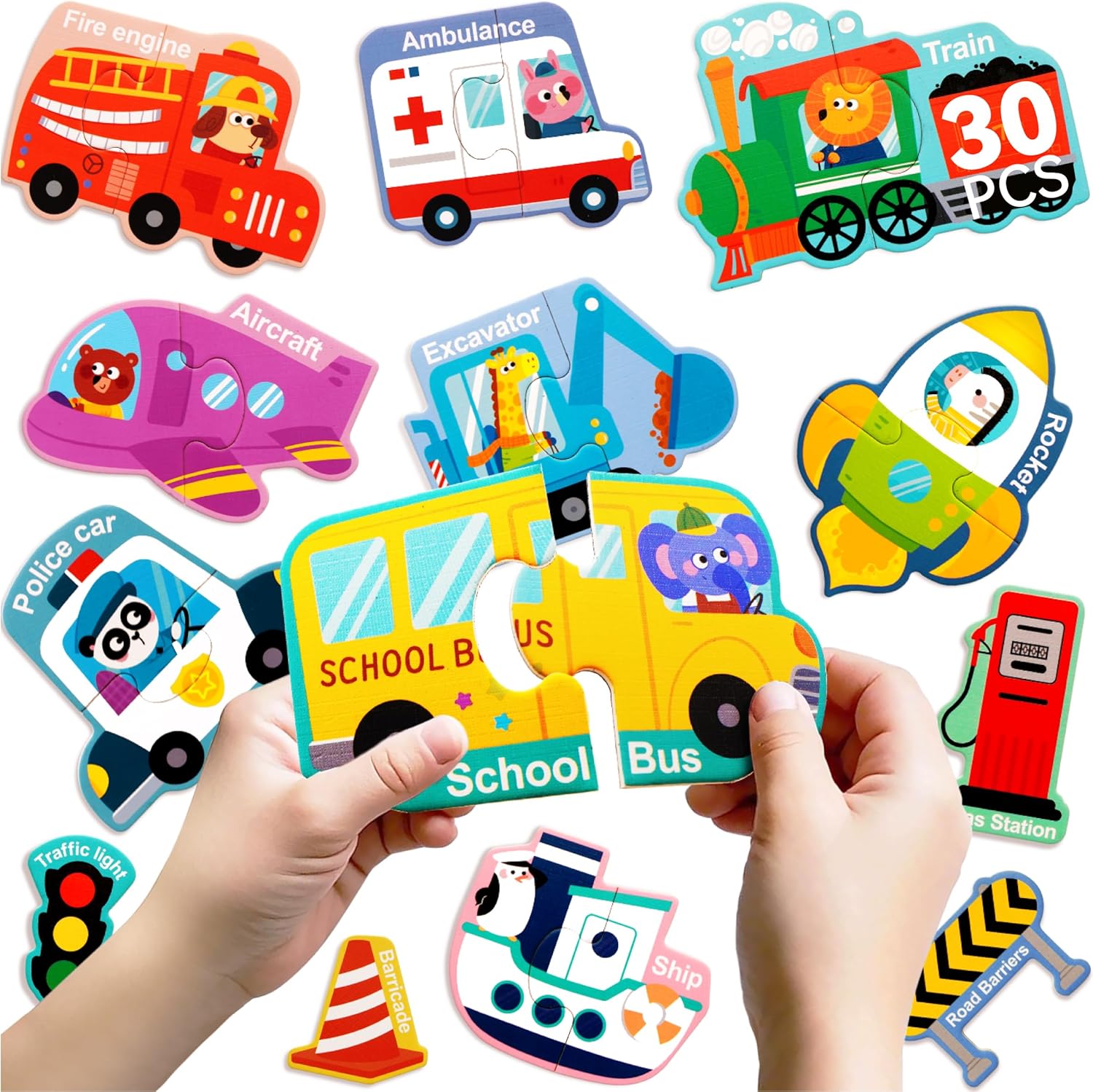 Dotimo Kids vehicle pairing magnetic puzzle 30 pieces front view showing the educational school bus toy design.