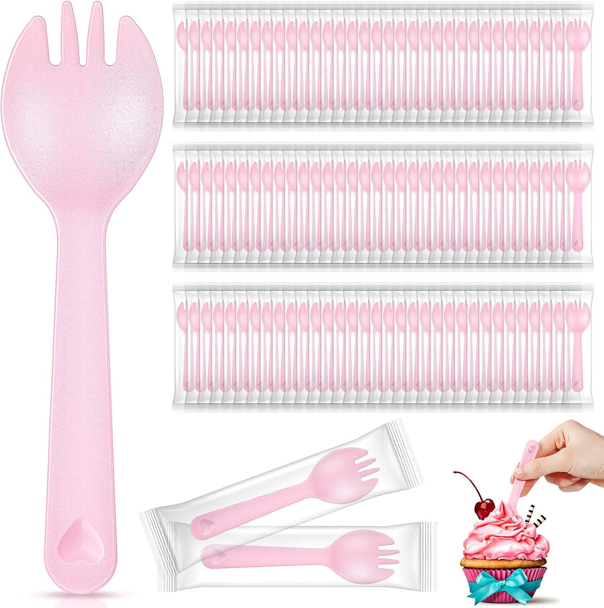 Tioncy disposable plastic sporks pack front view showcasing individual wrapping.