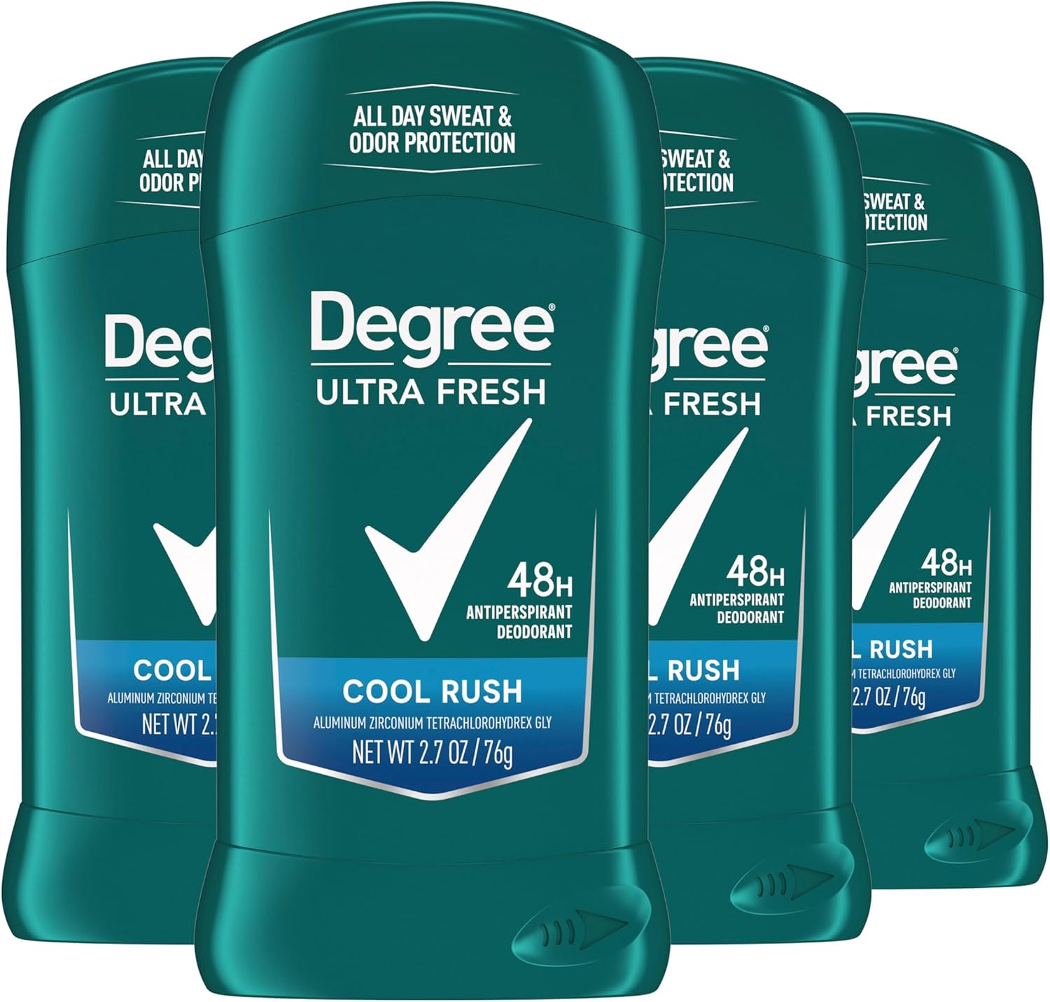 Degree Men Ultra Fresh Antiperspirant Deodorant Stick Cool Rush four pack front view showing packaging