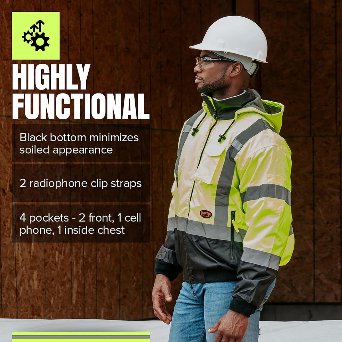 Pioneer safety jacket yellow and black hem design