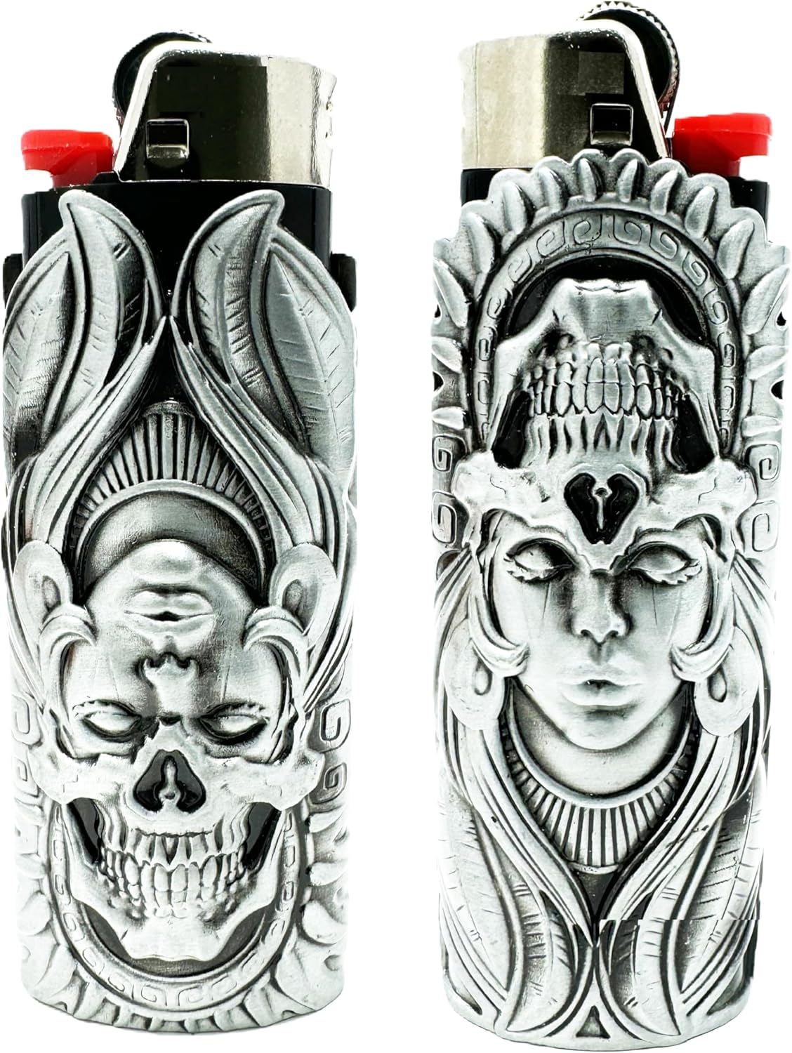 Metal Lighter Case Cover Holder fits BIC Lighter Full Standard Size J6 One Piece Design in Goddess and Skull - Image 1