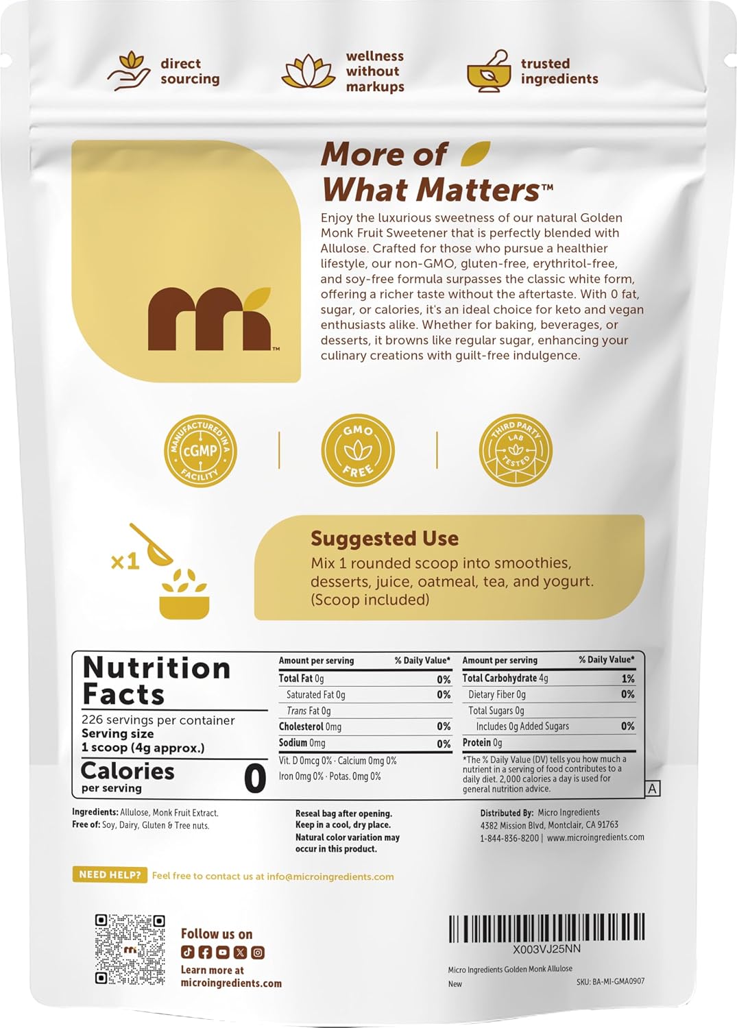 Micro Ingredients golden monk fruit sweetener pouch size comparison