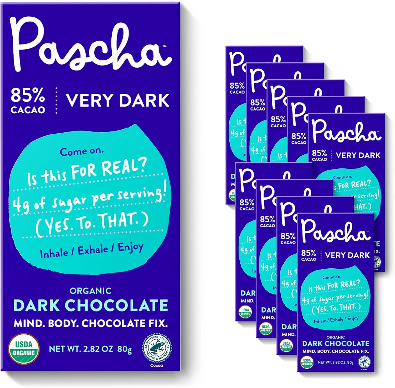 Pascha Organic 85 Percent Cacao Dark Chocolate 10 Pack front view