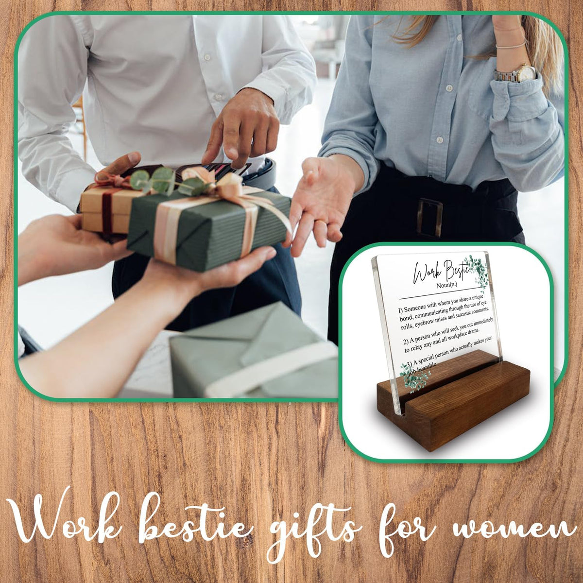 Vizuzi coworker leaving gift plaque in wooden stand