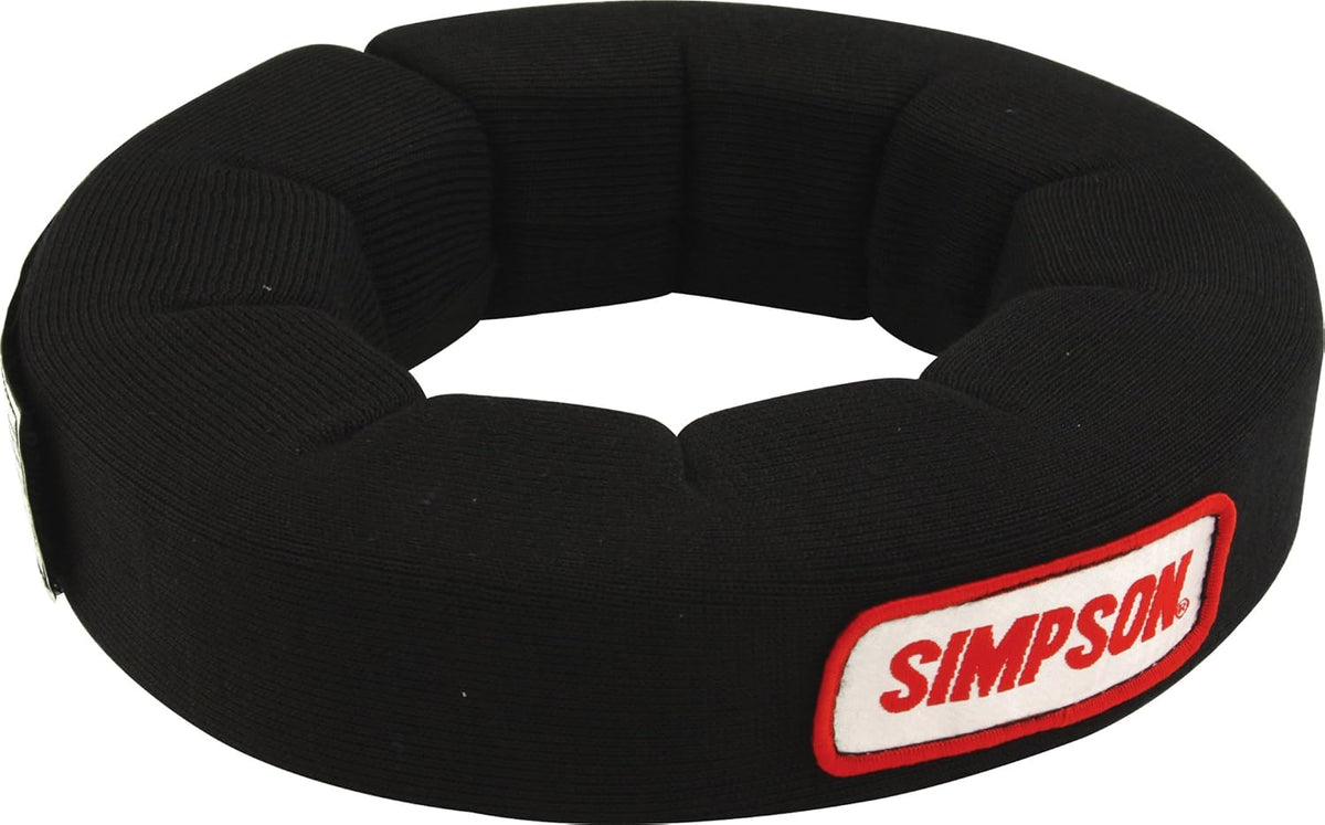 Simpson Racing 23022BK black SFI approved padded neck collar front view showing adjustable fastener.