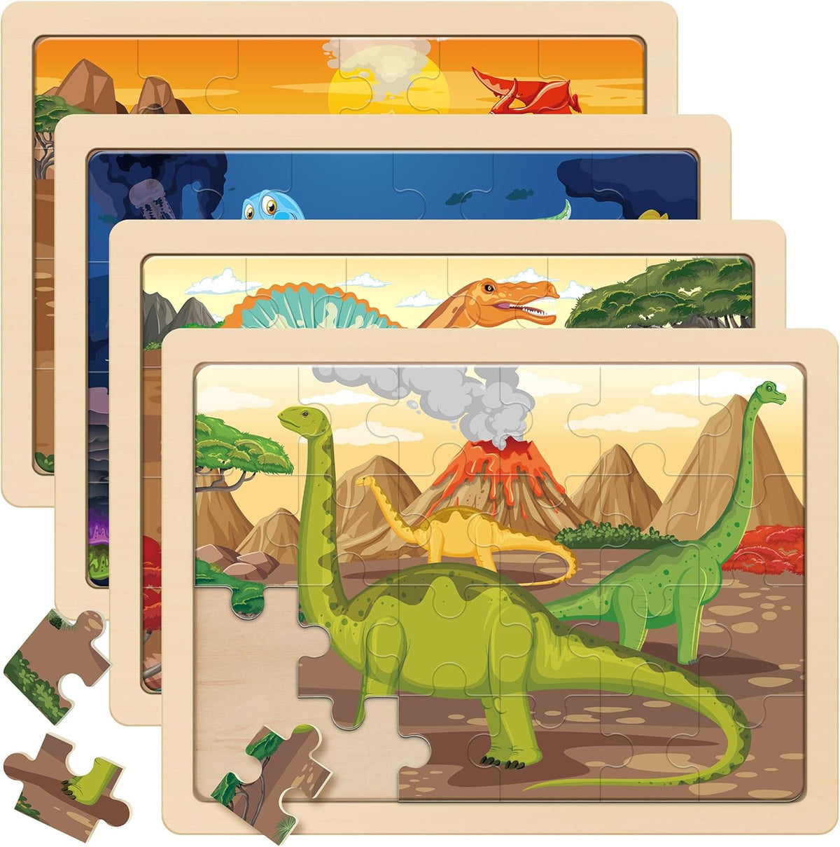 SYNARRY Large Dinosaur Wooden Puzzles front view of the premium four in one gift box packaging