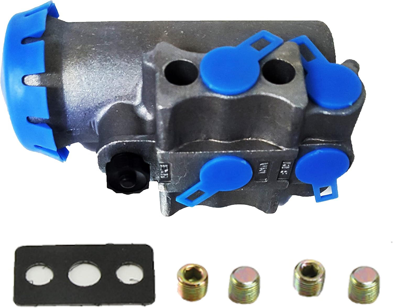 Torque governor valve kit front view showing stainless steel body and blue protective caps