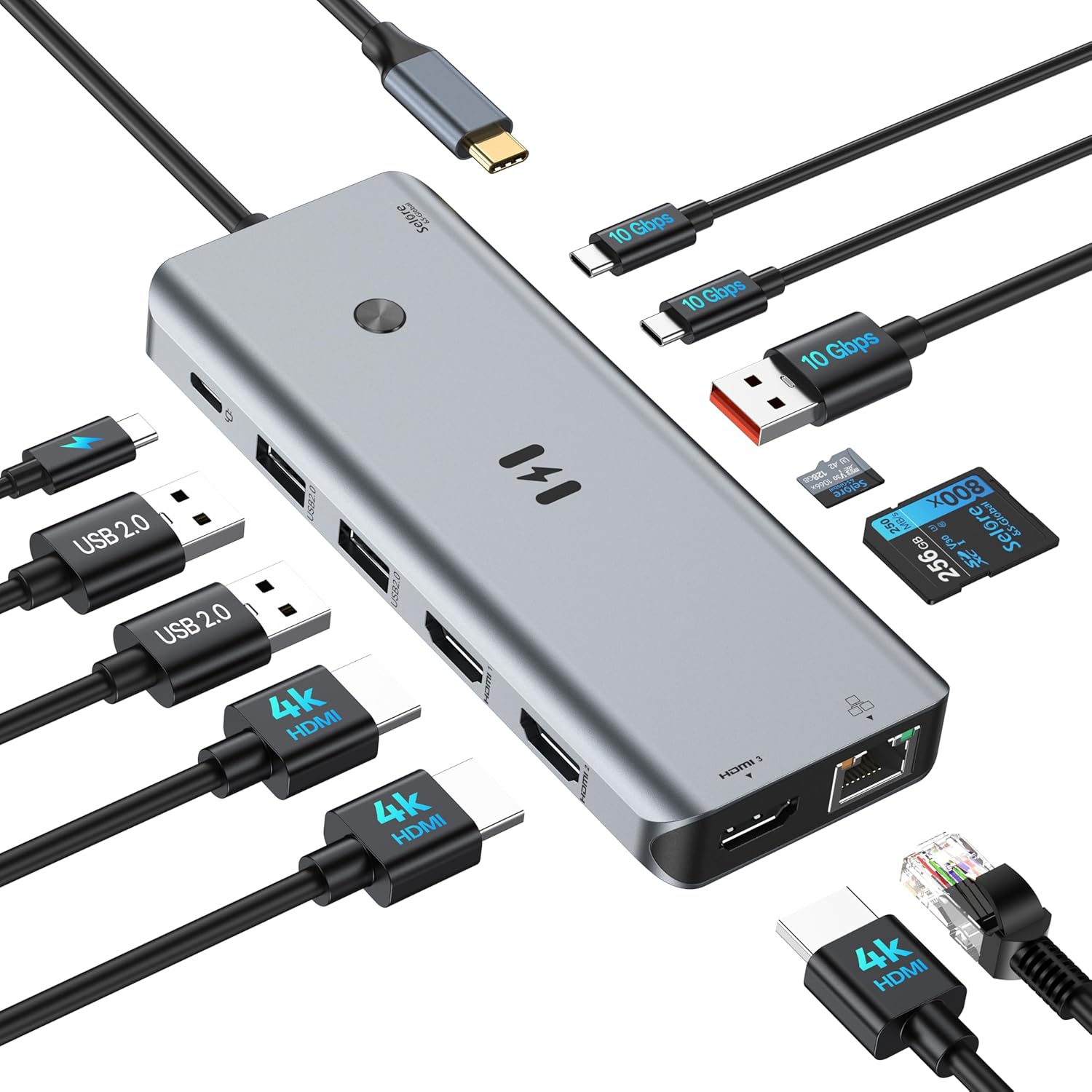 Selore And S Global USB C docking station premium silver vertical front view displaying the integrated LED smart status screen