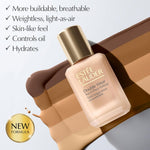 Hydrating matte base cosmetic displaying the product ingredients label and shade identification number