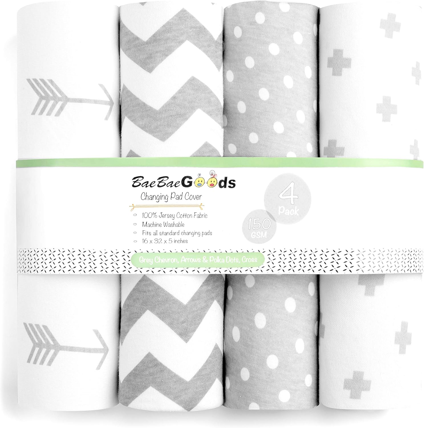 BaeBae Goods premium baby changing pad covers four pack front view showing grey and white prints.