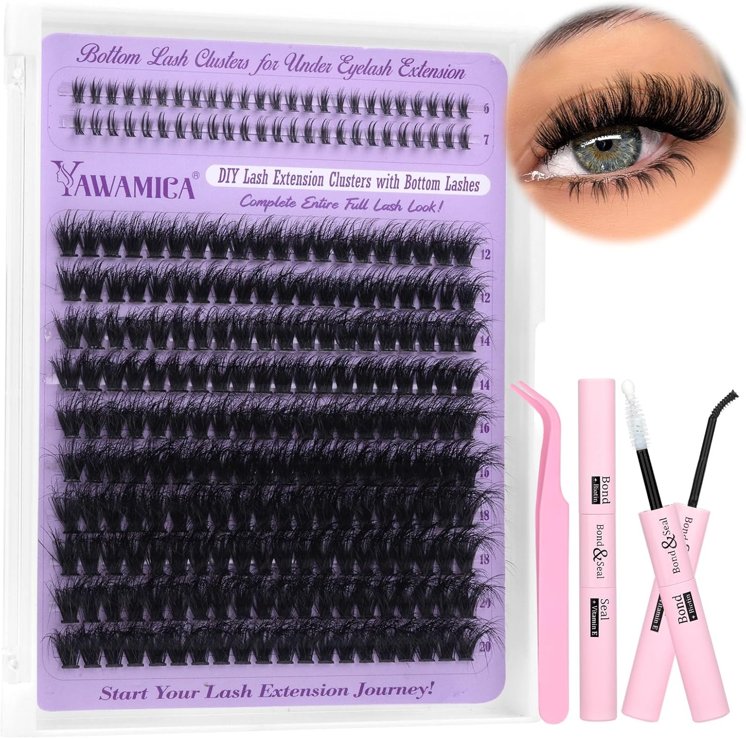 Yawmaica Lash Clusters Kit with Bottom Lashes Wispy Eyelash Extension Kit 200D Volume Eyelash Clusters 12-20mm D Curly Individual Lashes DIY Lash Extension Kit with Lash Bond and Seal Lash Tweezers - Image 1
