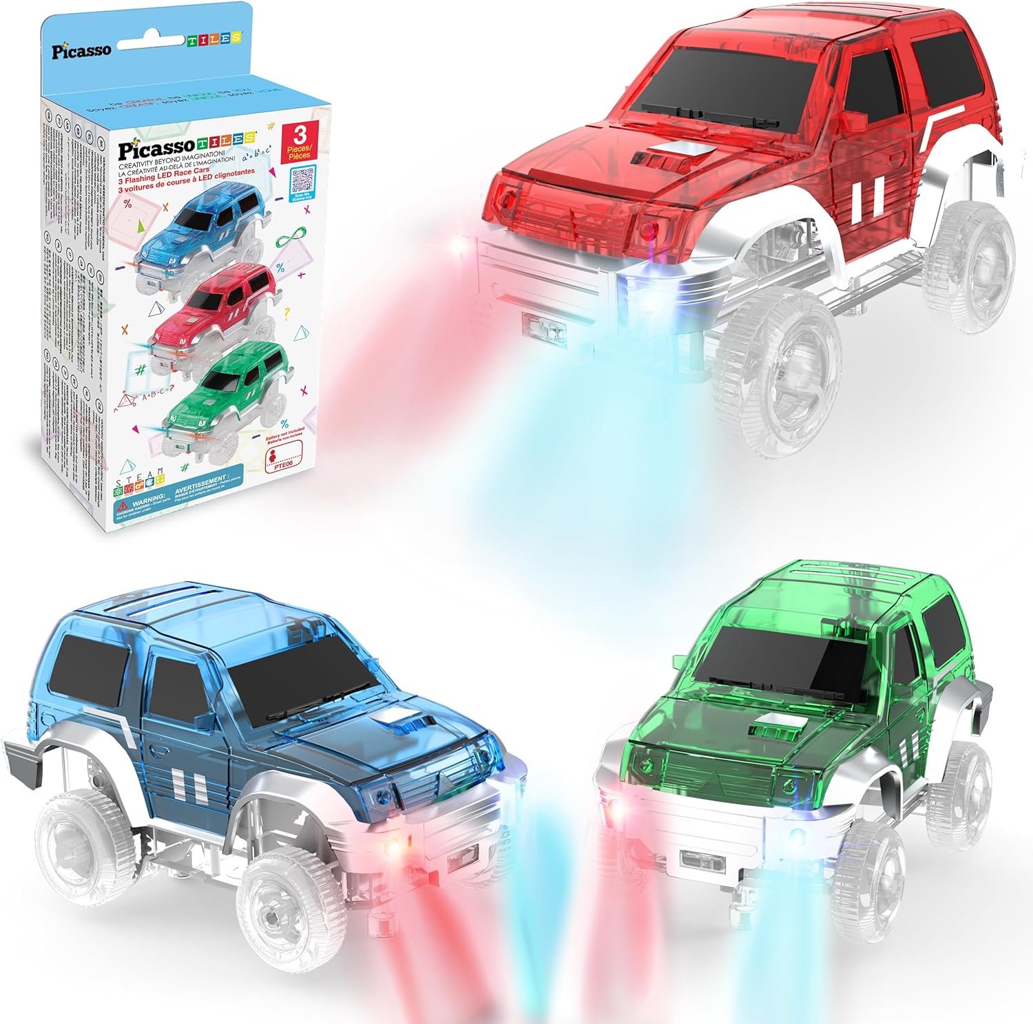 PicassoTiles 3 Magnetic Toy Cars Set front view showing translucent red and silver LED vehicles.