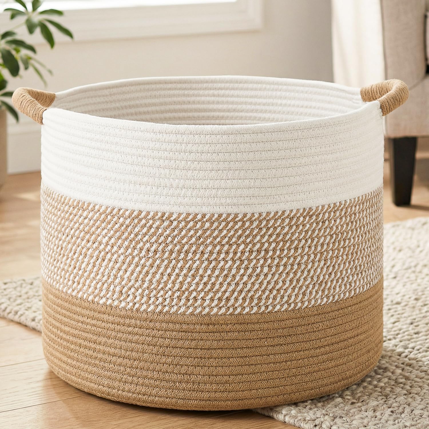 Artfeel large natural woven blanket basket front view in brown