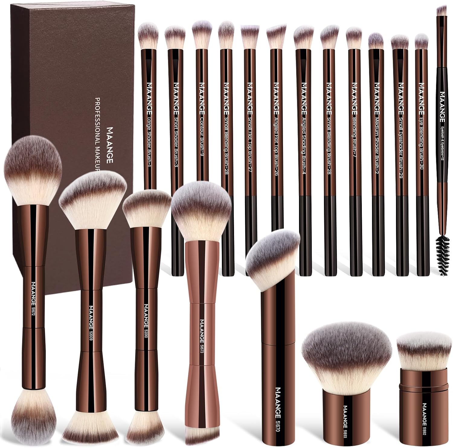 MAANGE 20 Piece Makeup Brushes Set front view inside coffee brown gift box