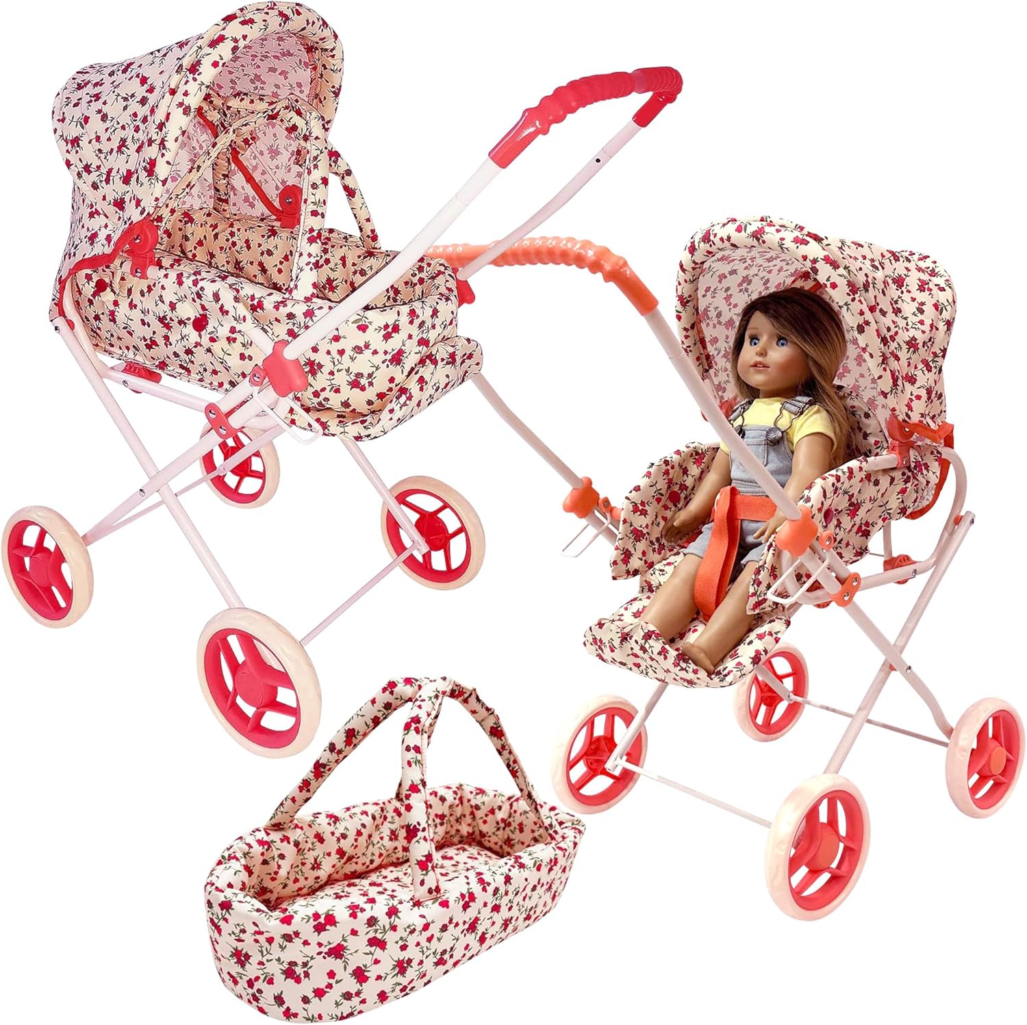 The New York Doll Collection 3-in-1 baby doll stroller front view in floral print