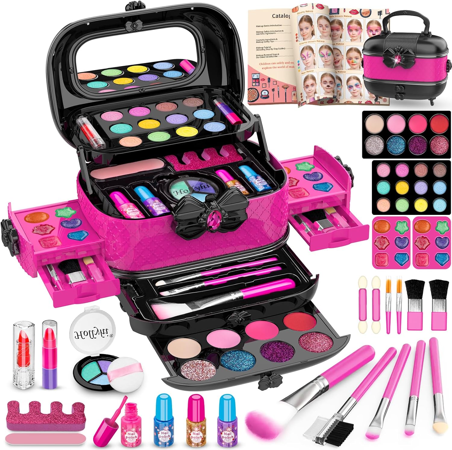 Hollyhi kids makeup kit front view showing open rose cosmetic case with mirror and eyeshadows