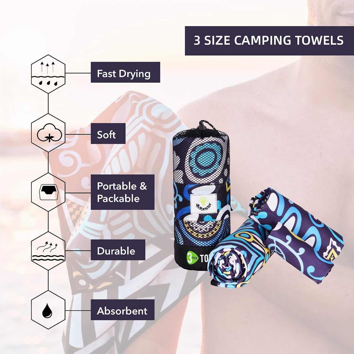 4Monster microfiber travel towel unfolded showing large size dimensions