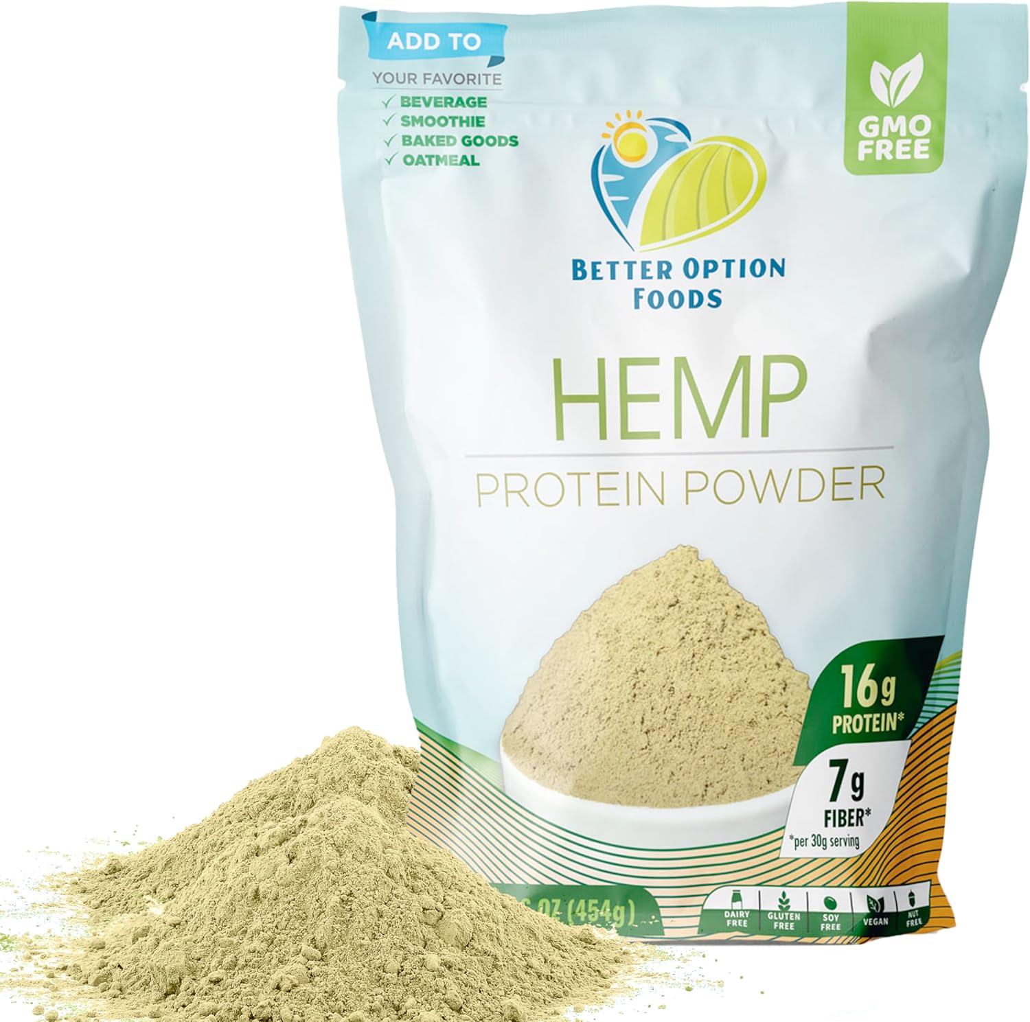 Better Option Foods Hemp Protein Powder front view of 16 ounce pouch