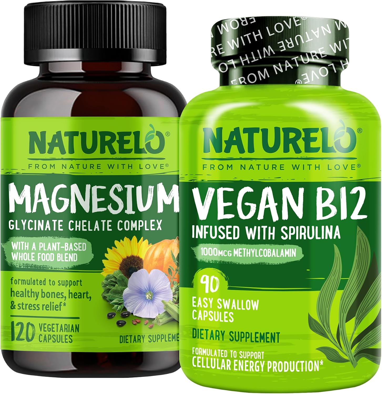 Naturelo vegan b12 and magnesium glycinate bundle front view supplement bottles