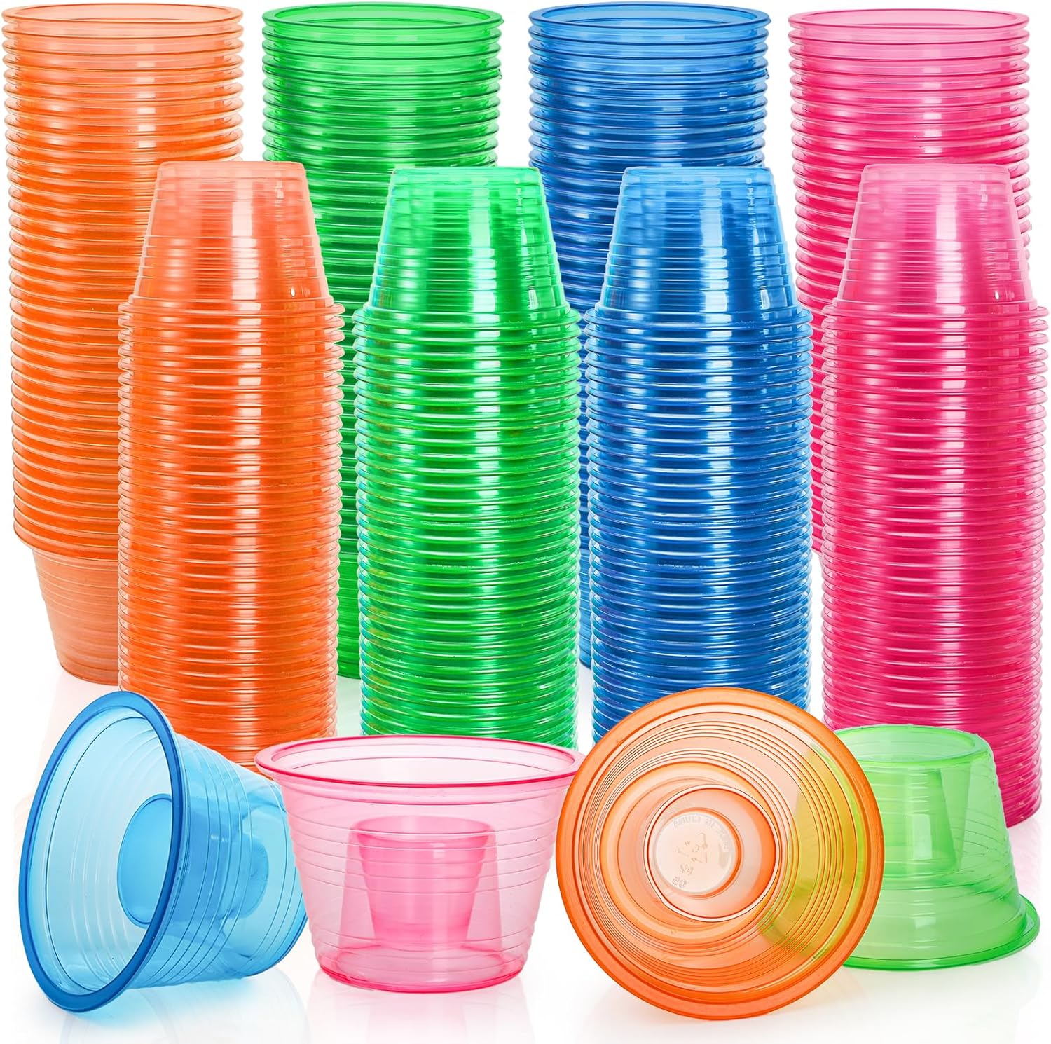 Coloch 200 Pack Plastic Bomber Cups front view of assorted colored shot glasses.