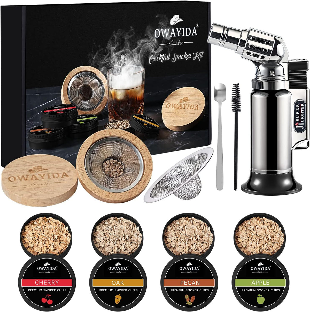 MOTIRATIKA cocktail smoker kit front view with torch and four wood chip tins