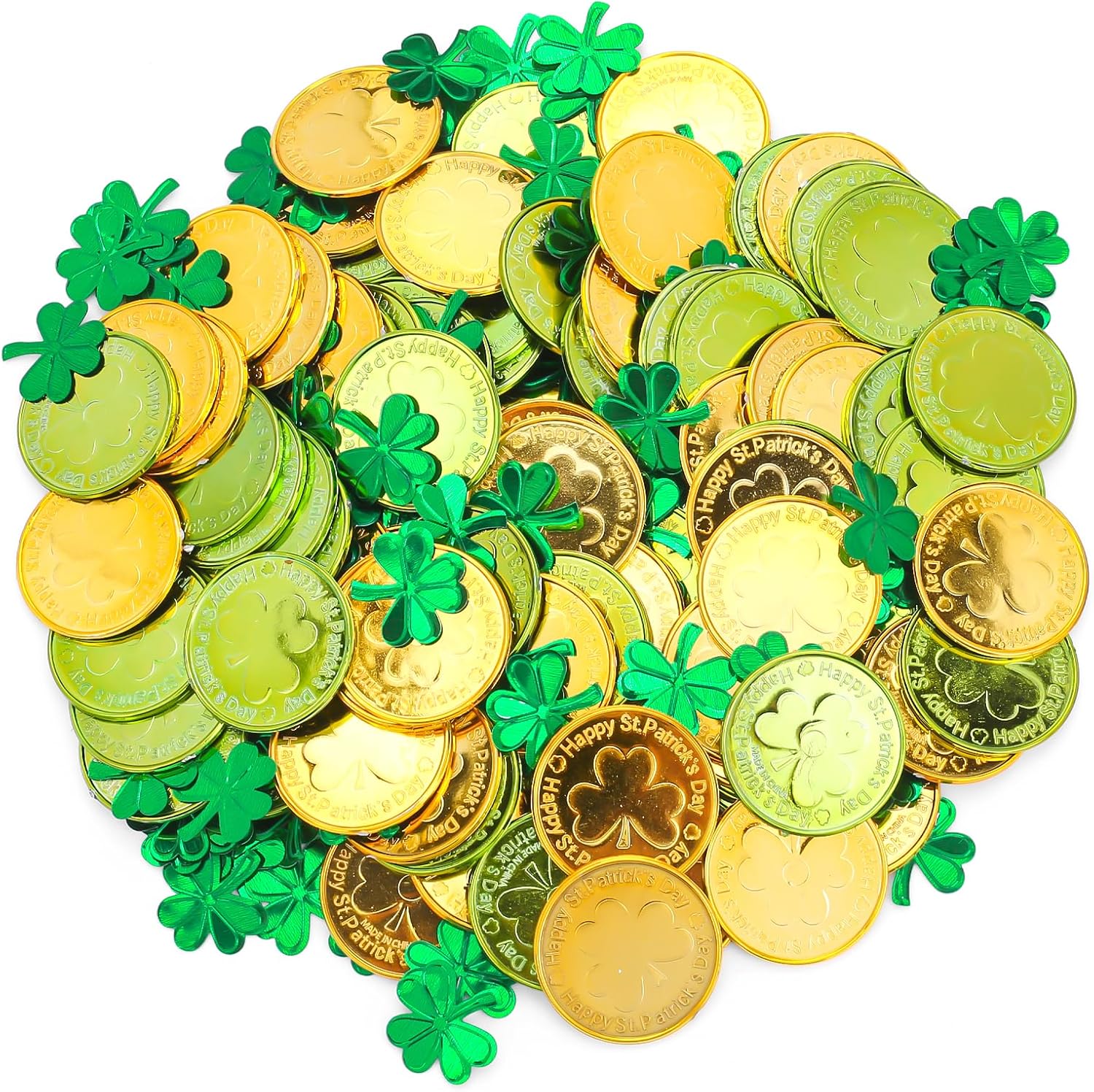 FUSHENMU St Patrick's Day plastic coins showing front view of gold and green shamrock designs
