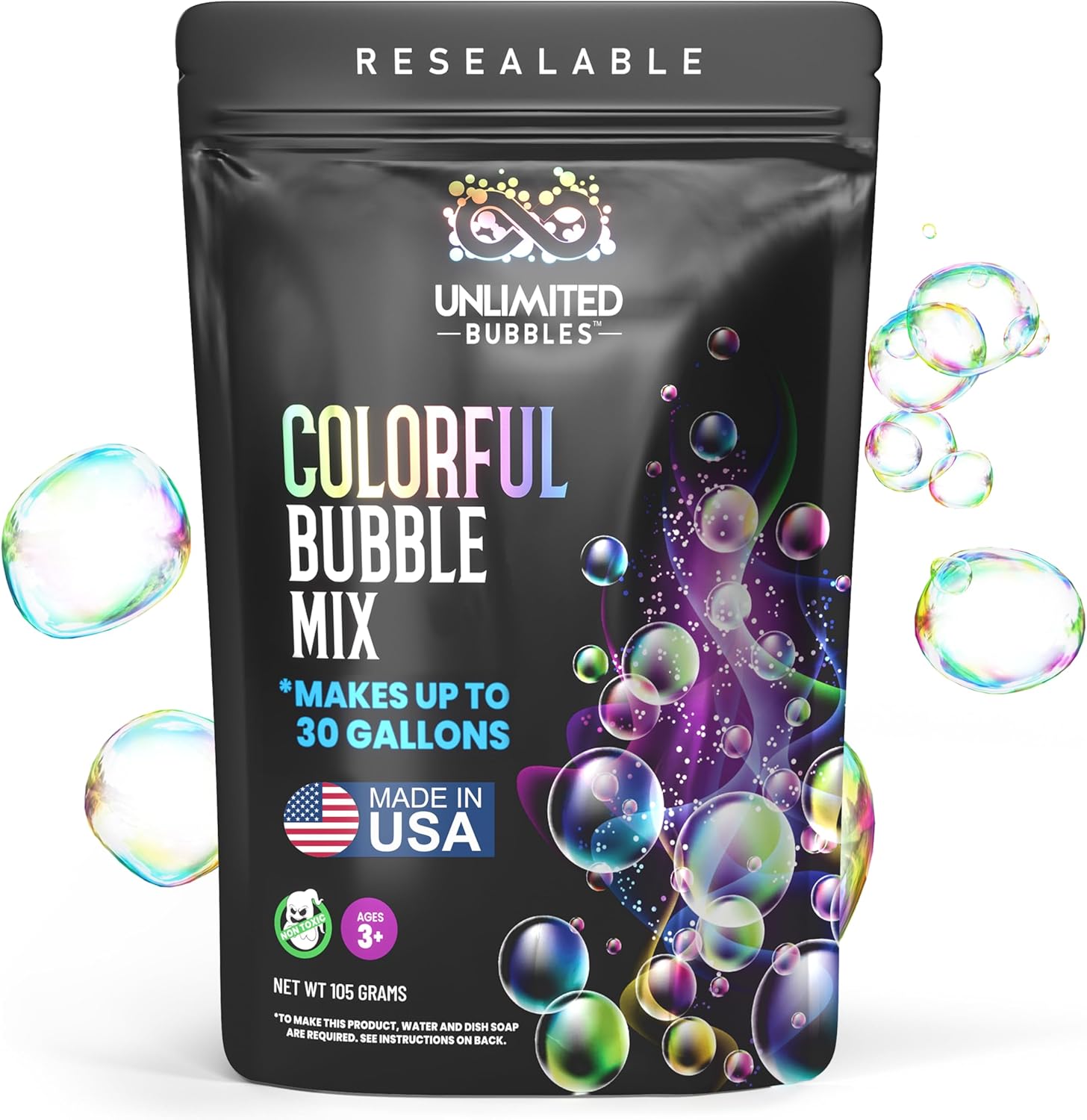 Unlimited Bubbles Bubble Machine Powder front view of thirty gallon resealable pouch