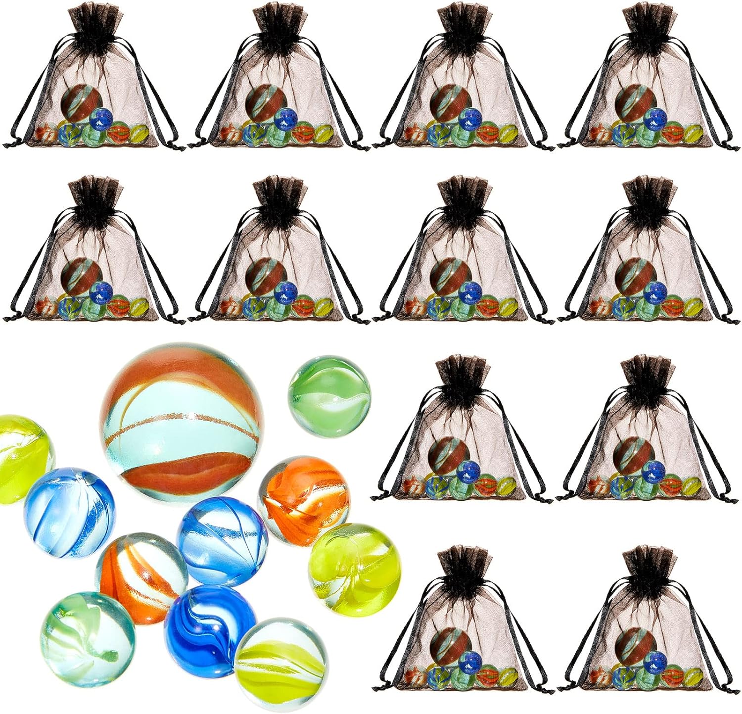 Sratte pack of 12 marble game sets front view showcasing colorful glass marbles in black organza bags.