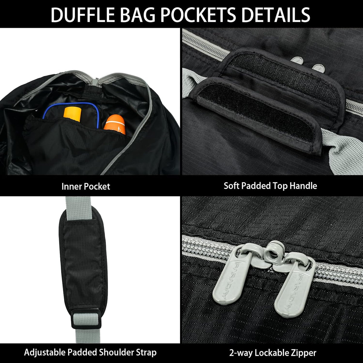 IFARADAY lightweight black duffel bag side profile