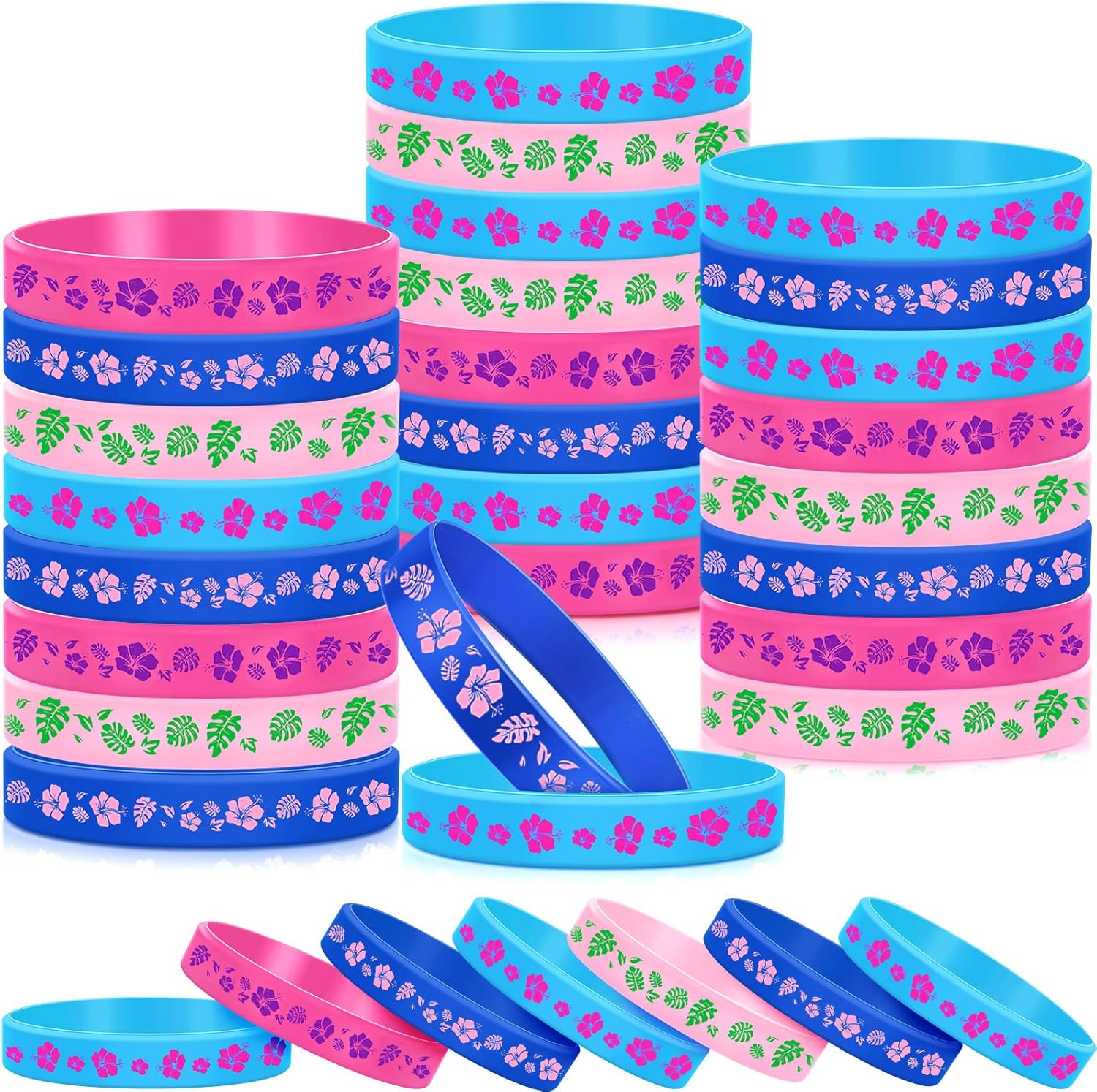 Landical cartoon tropical party favor silicone bracelets front view showing vibrant multicolored hibiscus flower patterns.
