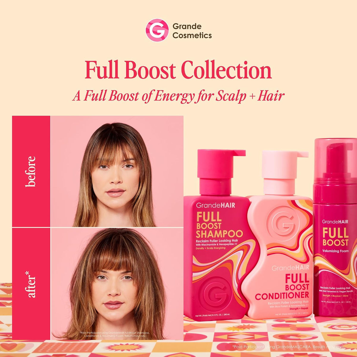 Grande Cosmetics volumizing foam and conditioner travel size bottles