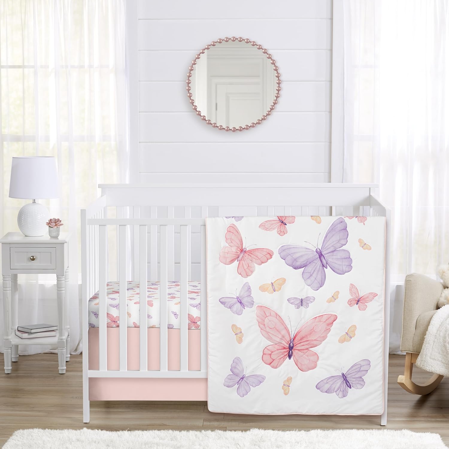 Sweet Jojo Designs Shabby Chic Butterfly 3-Piece Baby Crib Bedding Set front view in a decorated girl nursery.