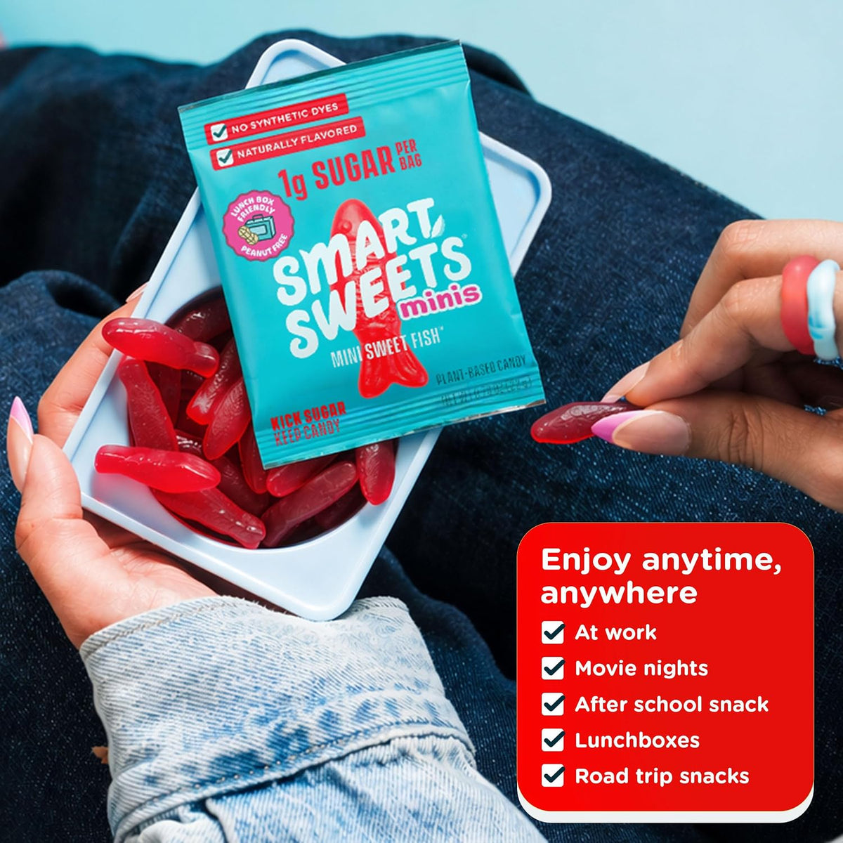 Inside view of the eight-pack SmartSweets Mini Sweet Fish box.