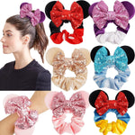 CellElection mouse ears velvet scrunchies front view showing six colorful sequin bow hair ties.