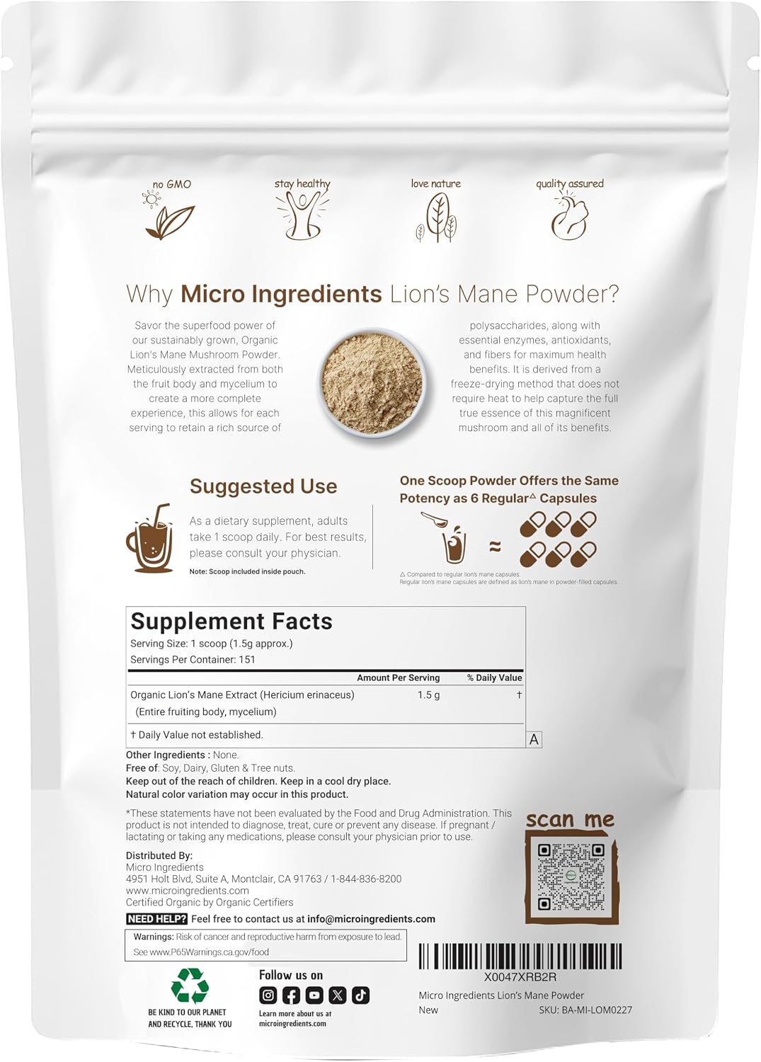 Micro Ingredients organic lions mane mushroom powder nutritional facts label