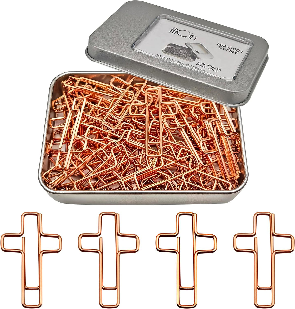HiQin cross paper clips front view in tin box