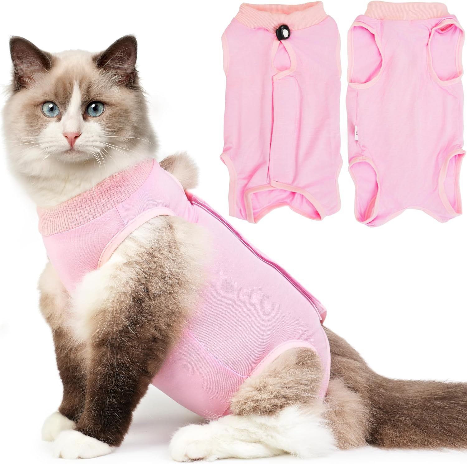 Hpetppy Cat Recovery Suit front view of a cat wearing the pink spay bodysuit