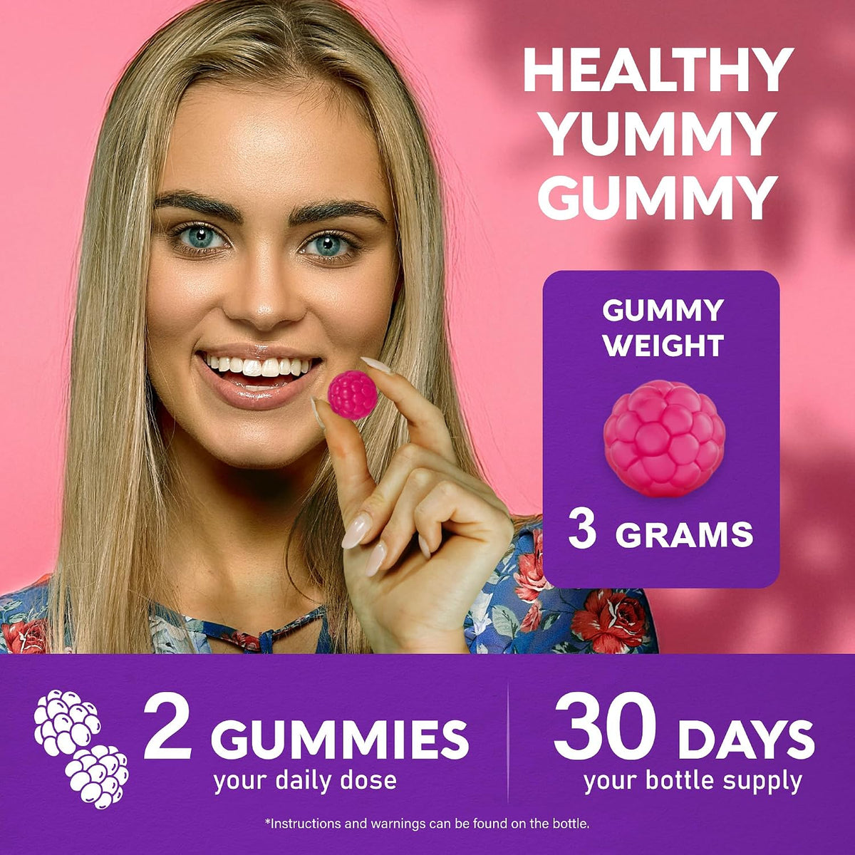 NutraHarmony Biotin Gummies feature highlight showing sugar-free and non-GMO labels.
