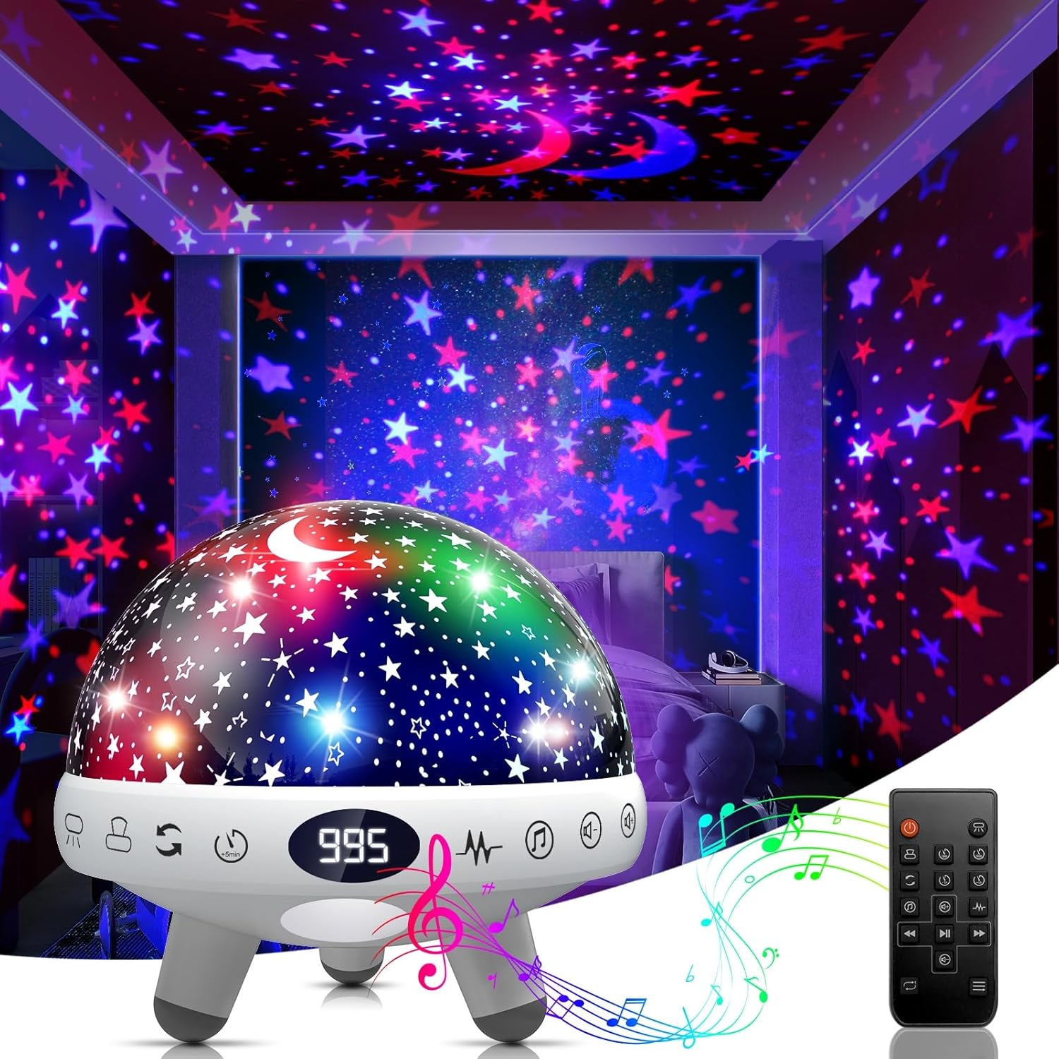 YACHANCE kids sound machine and star projector front view on a nursery nightstand.