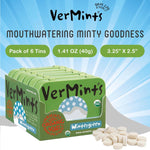 Side profile of the authentic VerMints organic wintergreen 1.41 ounce tin showcasing packaging depth.