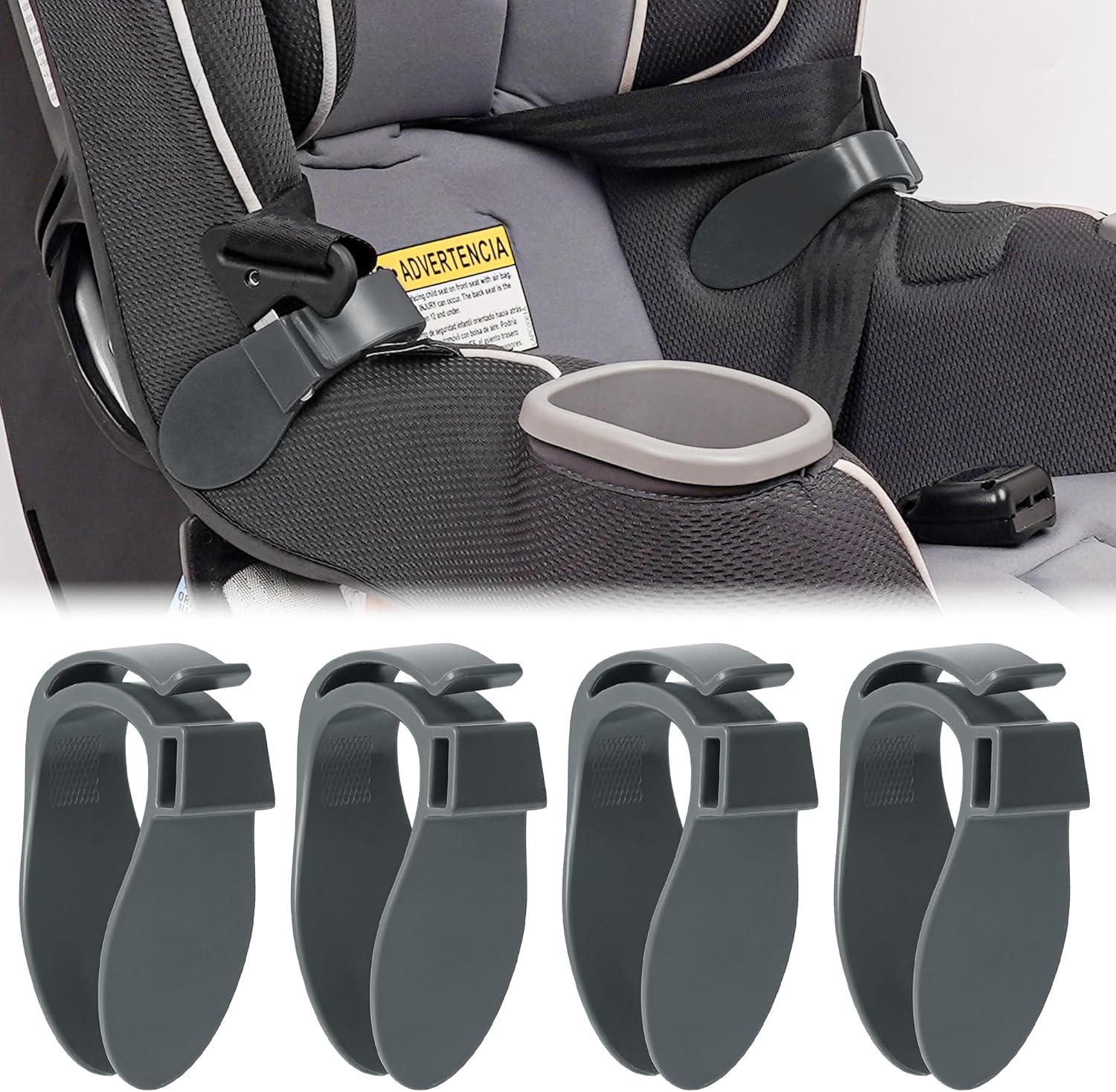 Doytn car seat strap organizer clip front view showing the grey harness management design.
