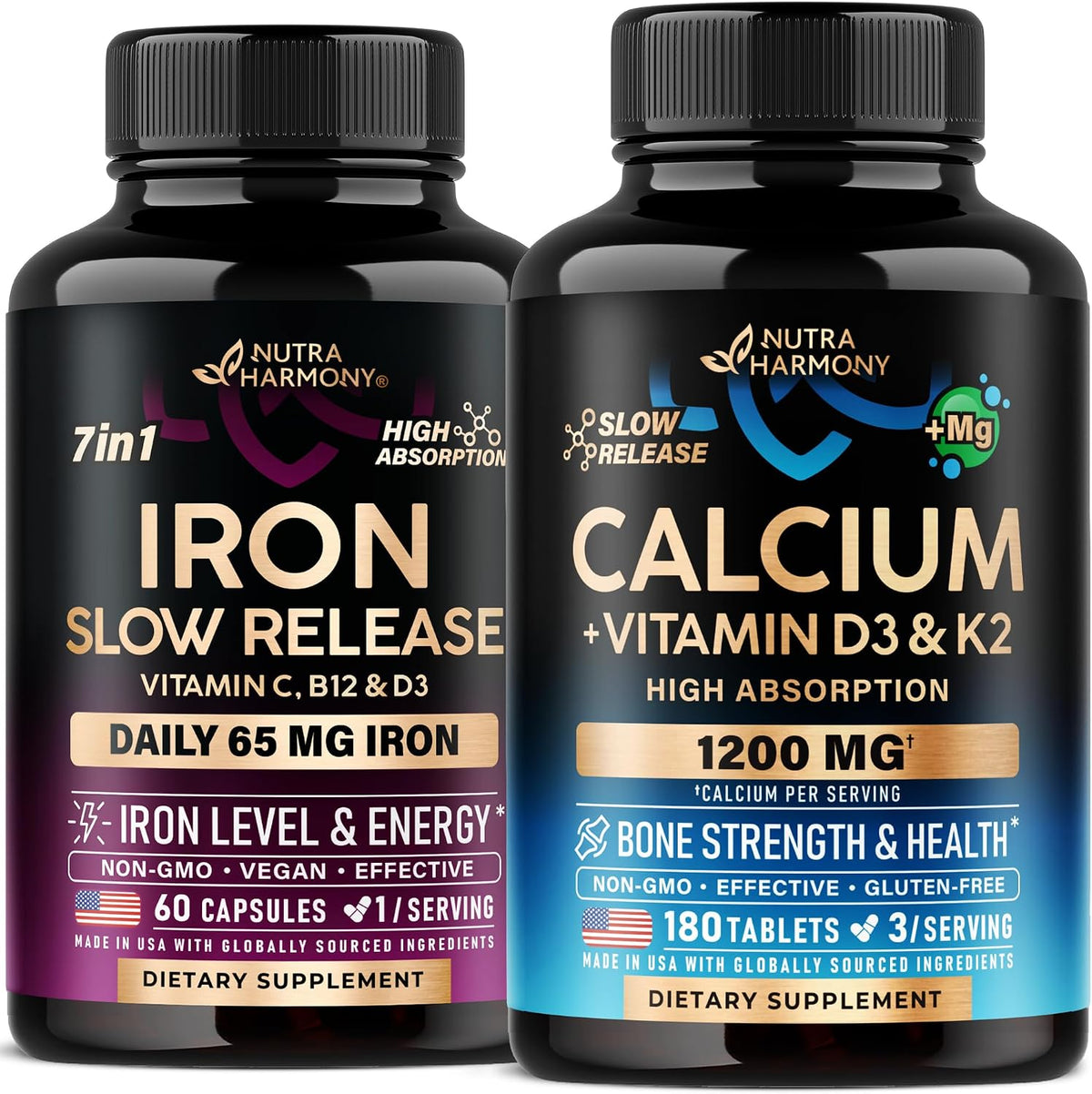 Nutraharmony Iron Capsules And Calcium Tablets front view supplement bottle